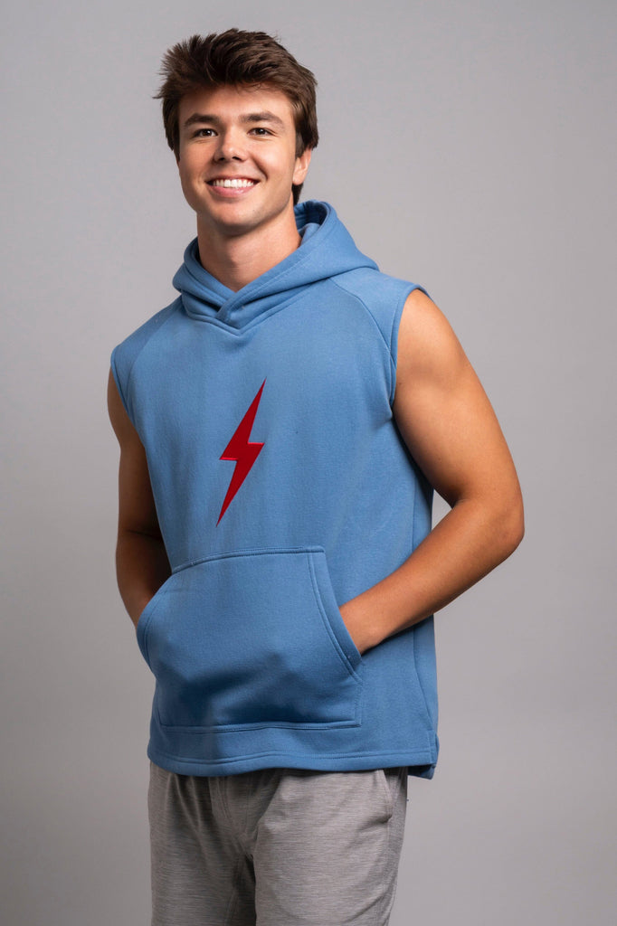 BRUCE BOLT "BOLT" Sleeveless Hoodie - BABY BLUE w/ Red Bolt- thumb 3