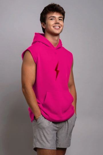 BRUCE BOLT "BOLT" Sleeveless Hoodie - PINK w/ Red Bolt - 1