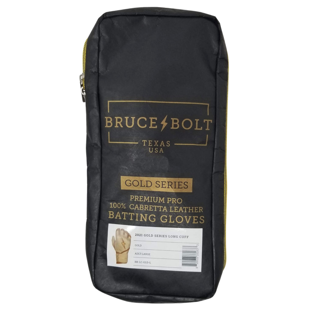 BRUCE BOLT 2021 GOLD SERIES GLOVE BAG. This is a batting glove bag made specifically for carrying BRUCE BOLT GOLD Series batting gloves.  The glove is black with gold text and a gold lightning bolt.  This bag has BRUCE BOLT Stickers and a Helmet Sticker inside.