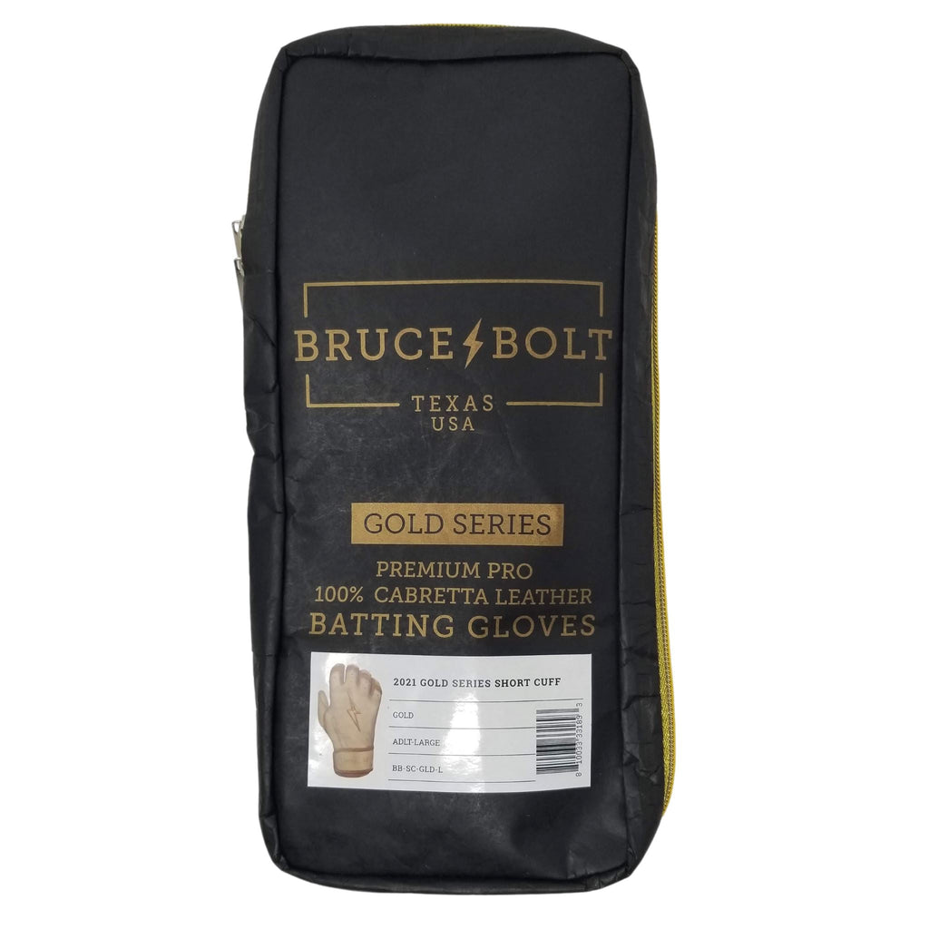 BRUCE BOLT 2021 GOLD SERIES GLOVE BAG. This is a batting glove bag made specifically for carrying BRUCE BOLT GOLD Series batting gloves.  The glove is black with gold text and a gold lightning bolt.  This bag has BRUCE BOLT Stickers and a Helmet Sticker inside.